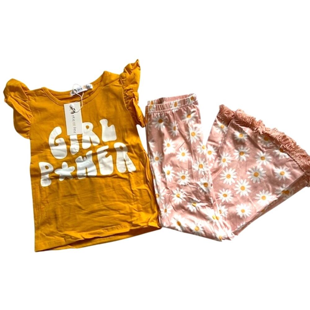 Toddler Girls 4T (L) Okie & Lou Girl Power Pink Yellow Daisy Outfit 2-Piece Set